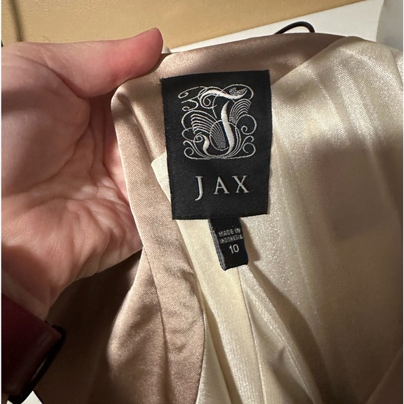 JAX Color Block Split Shoulder Midi Sheath Formal Dress Black Beige Cream Sz 10 - Picture 4 of 4